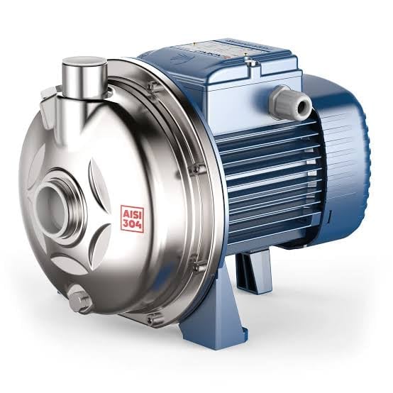 Stainless steel centrifugal pump with blue electric motor mounted on a blue base