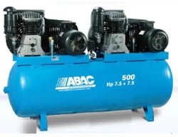 Blue ABAC Goliatec 500 electric air compressor with dual pumps mounted on horizontal tank