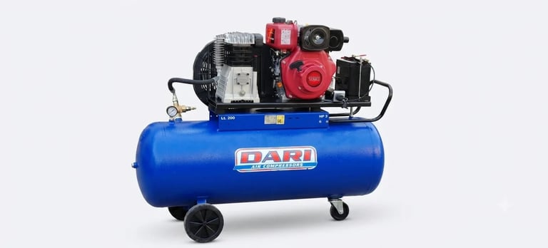 Blue DARI air compressor with red and black motor mounted on top, featuring wheels for mobility