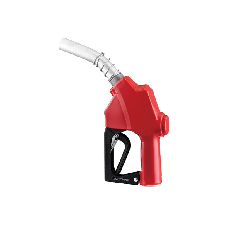 Red fuel nozzle pump with gray ribbed spout and black trigger handle against white background