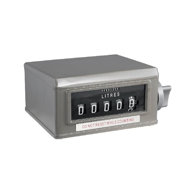 Mechanical fuel pump flow meter with grey housing showing digital readout displaying litres and numbered dials for measurement tracking.