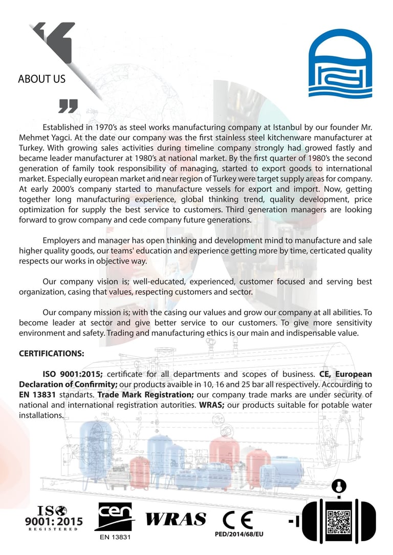 Company about us page with history, mission statement, and ISO certifications including ISO 9001:2015, CE, and WRAS compliance badges