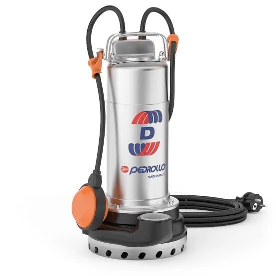Pedrollo stainless steel submersible pump with black cord and orange accents on white background