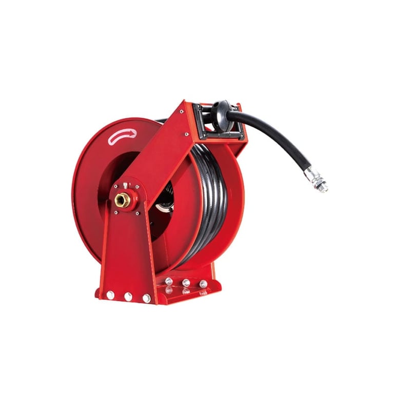 Red industrial hose reel with coiled black hose and manual hand crank on white background