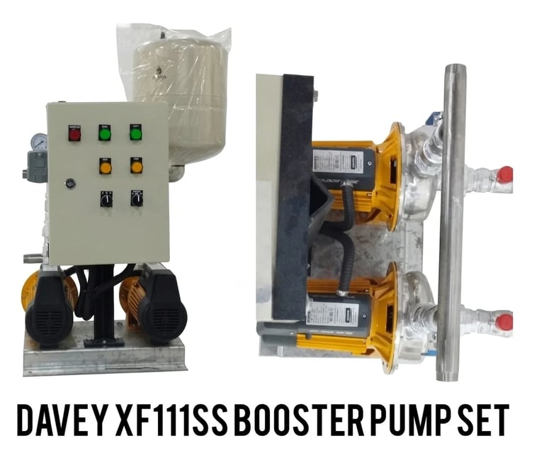 Davey XF111SS booster pump set with control panel, dual pumps, and clear water tank