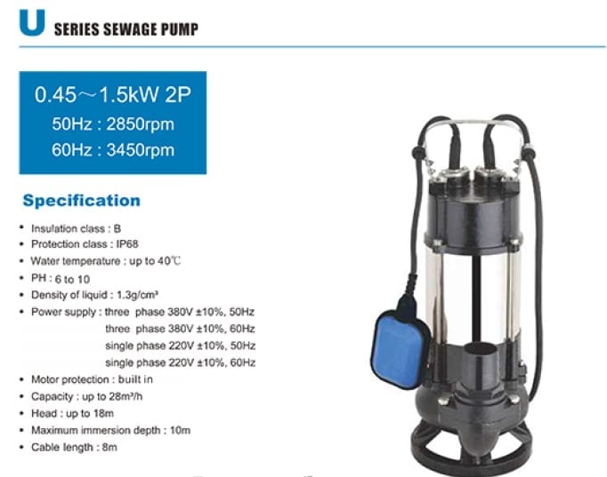 U Series sewage pump 0.45-1.5kW with specifications, featuring blue power unit and black metal housing with cable