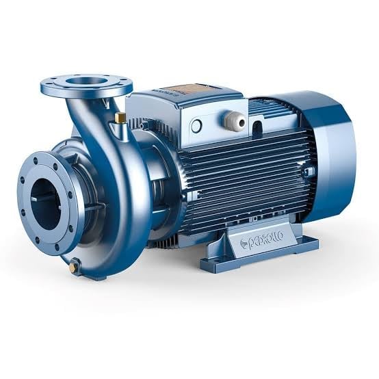 Industrial centrifugal pump with blue motor and metallic housing on white background