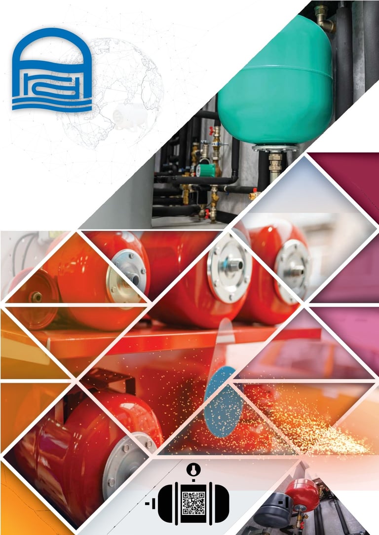 Collage of industrial equipment and machinery including storage tanks, safety equipment, and plumbing fixtures with company logo
