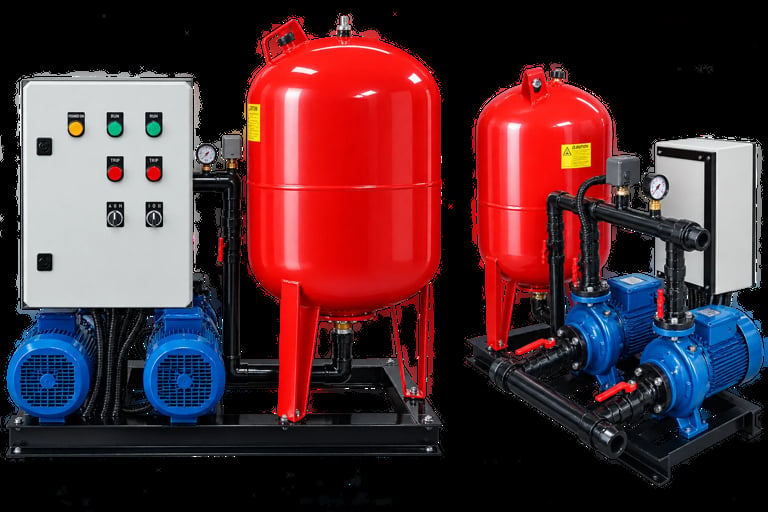 Industrial pressure tank system with red storage vessels, blue pumps, control panel, and piping on black base