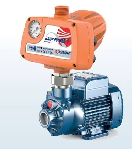 Orange and blue electric water pump with pressure gauge and automatic control system mounted on top