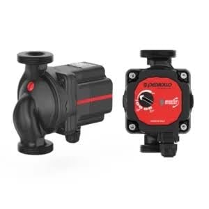 Two black and red circulation pumps for heating systems, shown from different angles