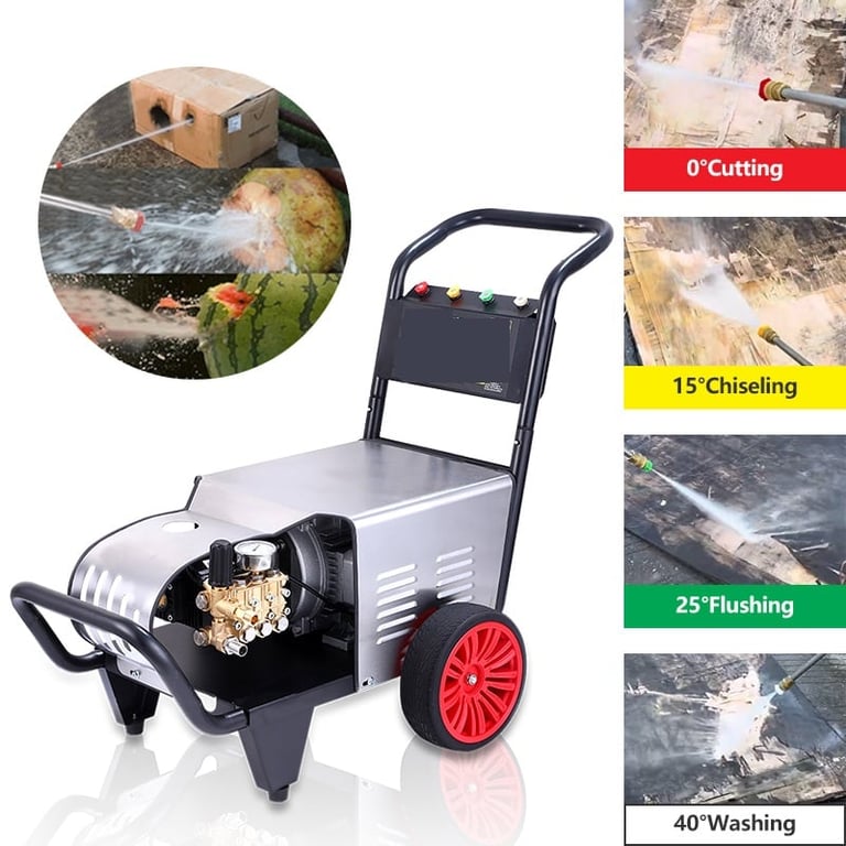 Industrial pressure washer with demonstration images showing cutting, chiseling, flushing, and washing capabilities at different PSI levels