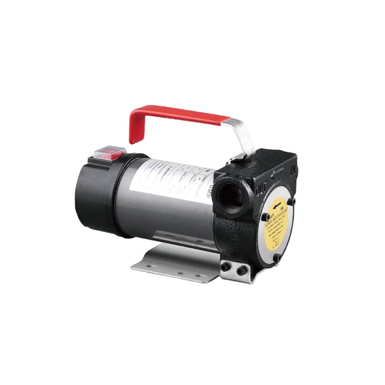 Portable electric fuel transfer pump with red handle and metal base mounting