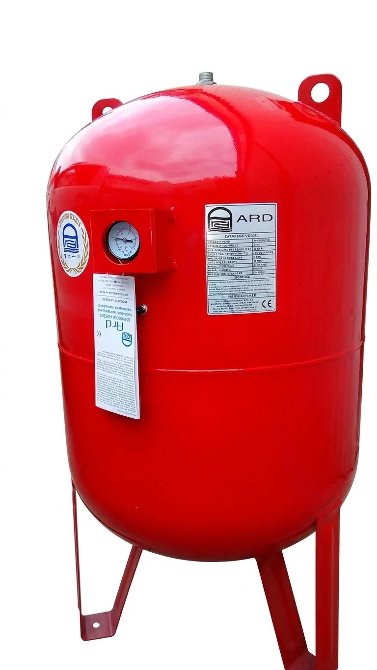 Red cylindrical expansion tank with pressure gauge, gauges, and labeled control panel mounted on metal legs