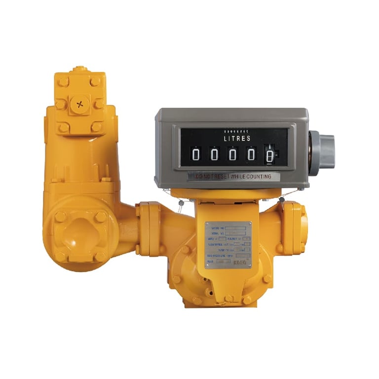 Yellow industrial flow meter with digital gauge display showing 0000.0 litres