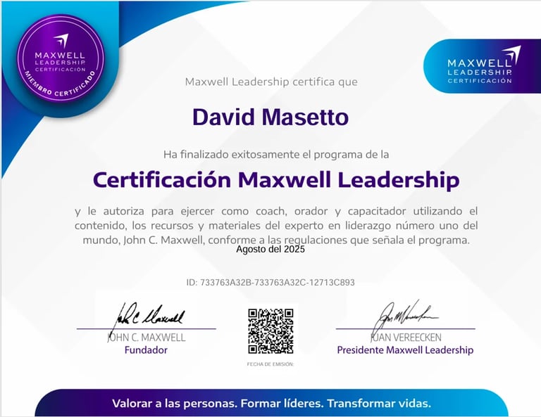 Maxwell Leadership Certification certificate for David Masetto, completed August 2025, signed by John C Maxwell and Maxwell Leadership President