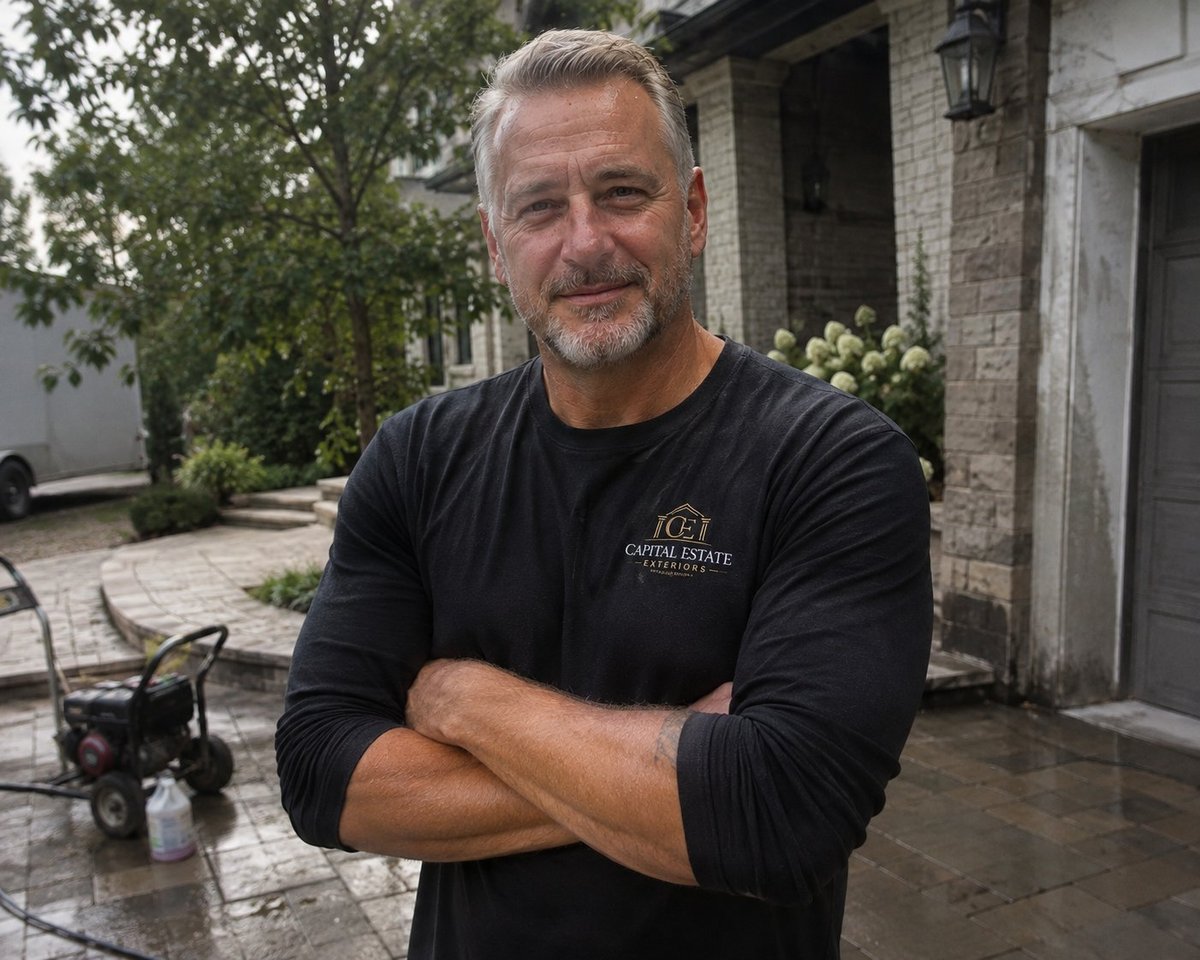 Founder of Capital Estate Exteriors standing in a paved courtyard in a black long-sleeve shirt with arms crossed