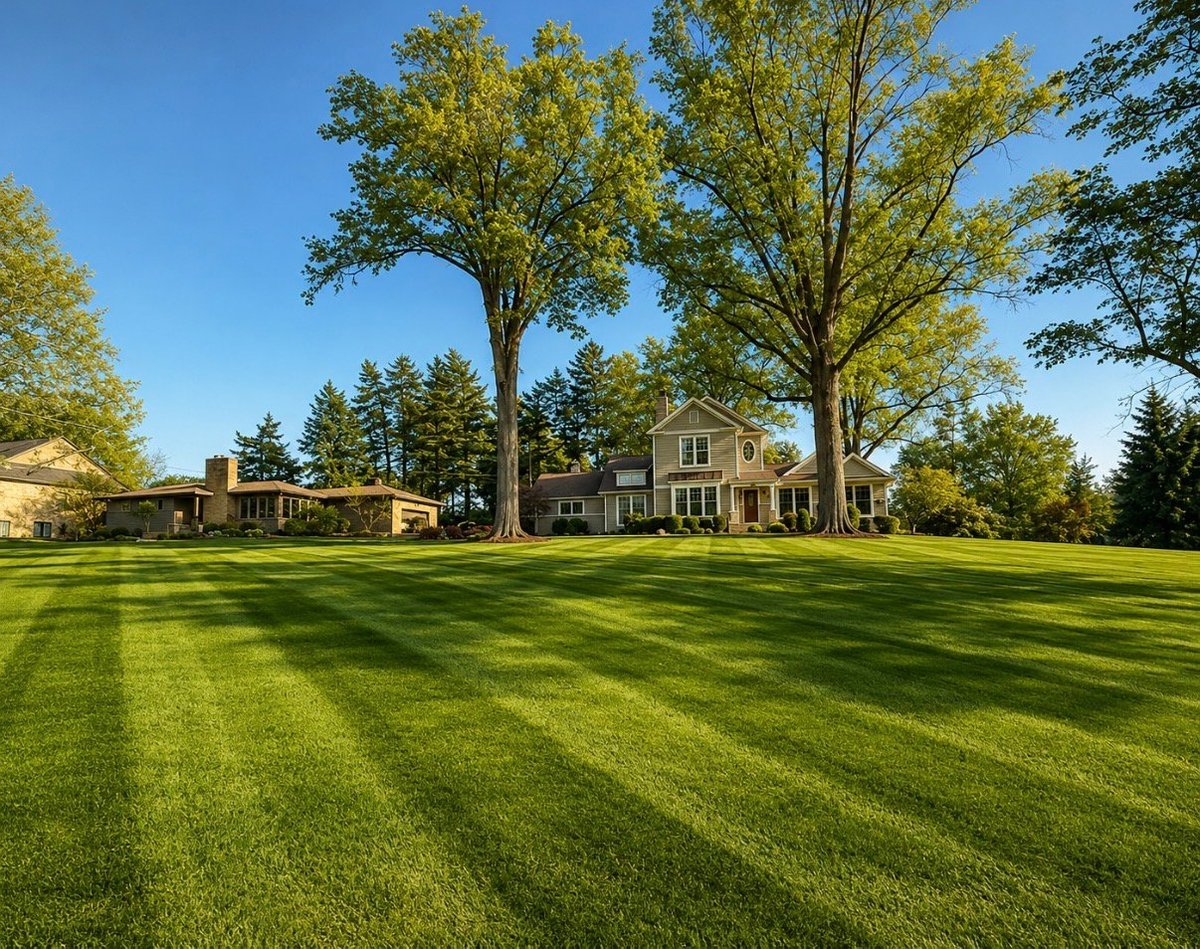 Large brick colonial home set on manicured lawn with mature trees and clear blue sky