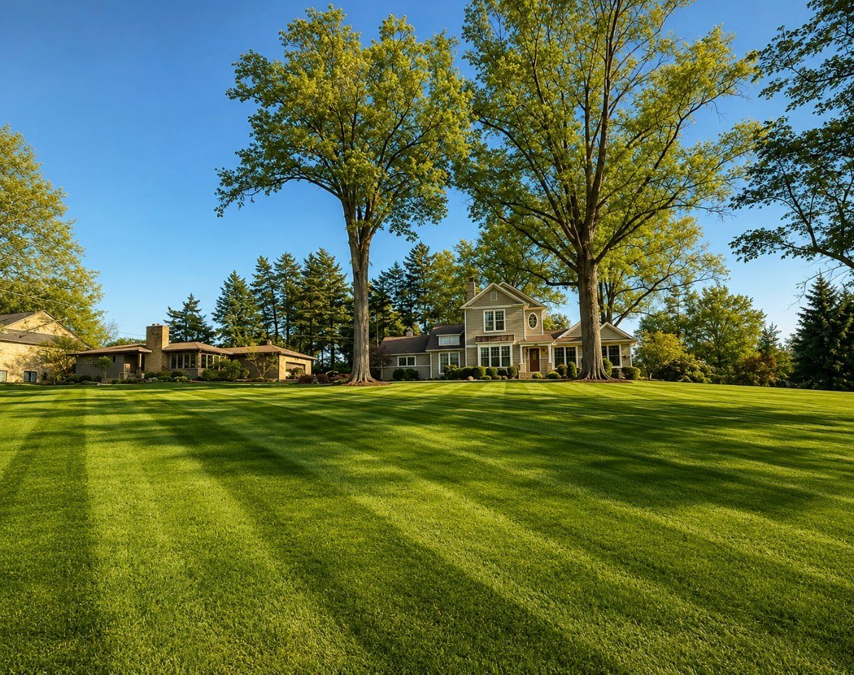 Large brick colonial home set on manicured lawn with mature trees and clear blue sky