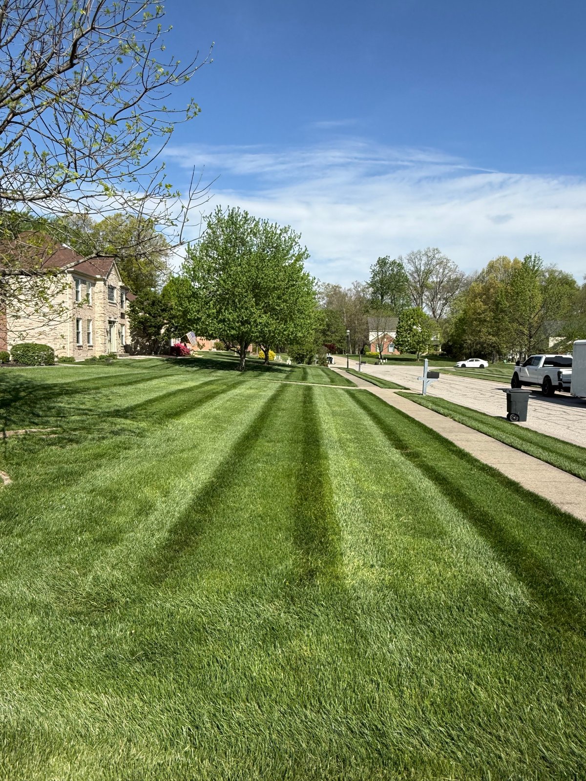Freshly mowed lawn with striped pattern in front of a brick mansion, trees and blue sky visible in background