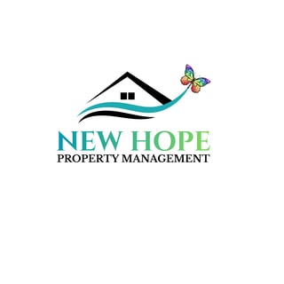 New Hope Property Management logo with house silhouette, flowing lines, and colorful butterfly design
