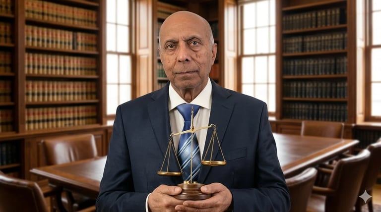 Bald man in dark suit holding scales of justice in law library with bookshelves and wooden table