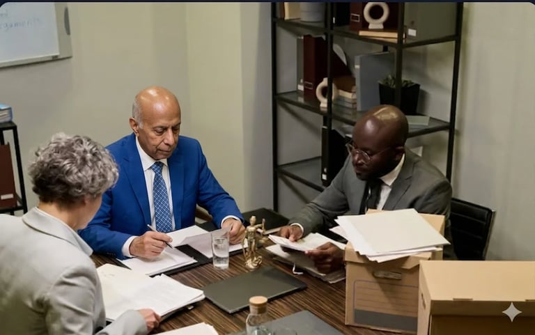 Three business professionals in an office meeting, reviewing documents at a desk with decorative items and bookshelves visible.