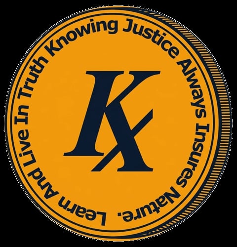 Gold and black circular emblem with K logo and text reading Learn in Truth Knowing Justice Always transparent sun rays border