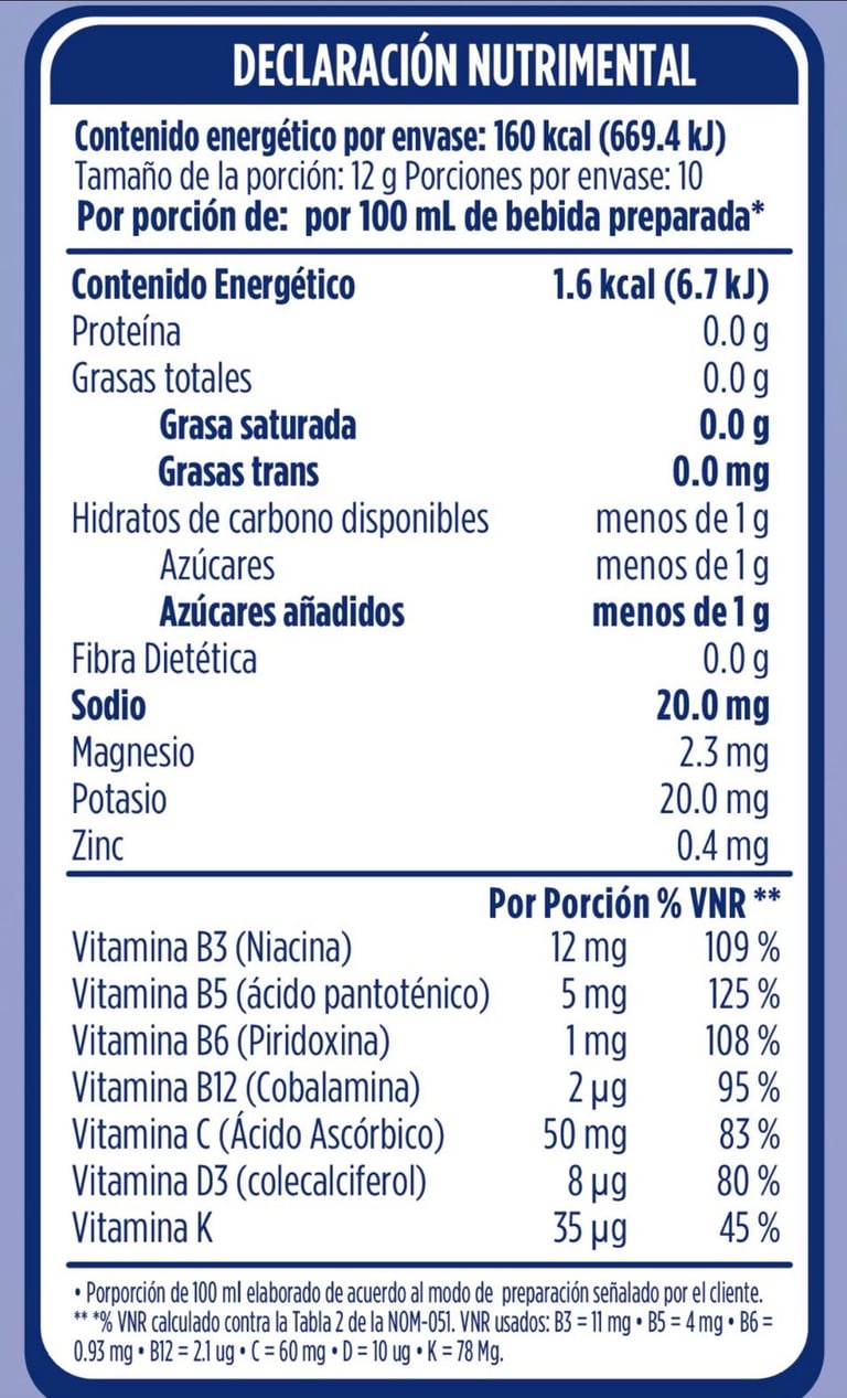 Tabla nutrimental oficial de HOLYRIDE con los valores por 100 ml de bebida preparada