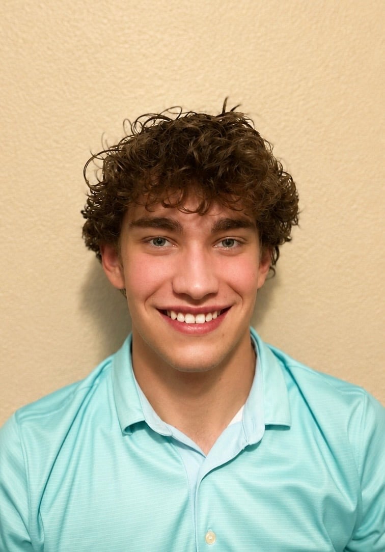 Young man with dark curly hair wearing a light blue button-up shirt, smiling at the camera against a beige background