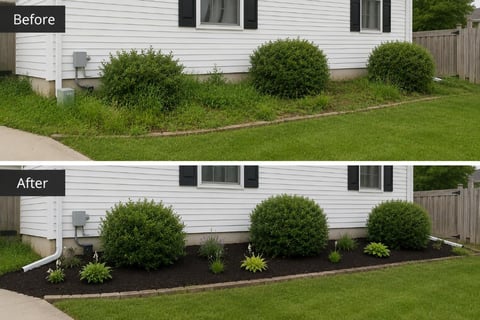 Before and after comparison of landscaping renovation, showing overgrown yard transformed into manicured garden with mulch beds and shrubs