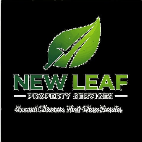 New Leaf Property Services logo with green leaf and checkmark on black background