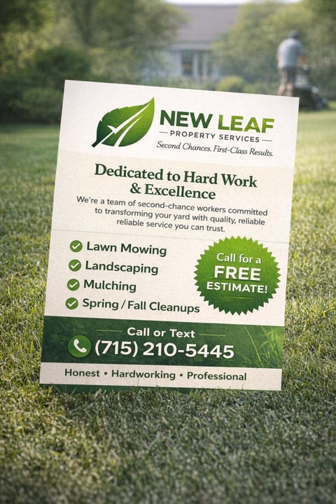 New Leaf Property Services yard sign in grass advertising lawn mowing, landscaping, and mulching services
