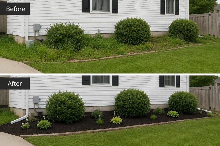Before and after landscaping comparison showing foundation plantings transformed with mulch and organized shrub beds