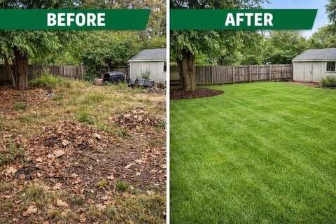 Before and after lawn transformation showing neglected brown yard converted to lush green grass with landscaping