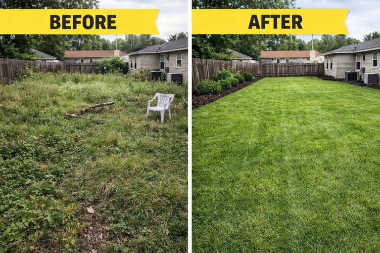 Before and after comparison of backyard transformation from overgrown lawn to manicured green grass