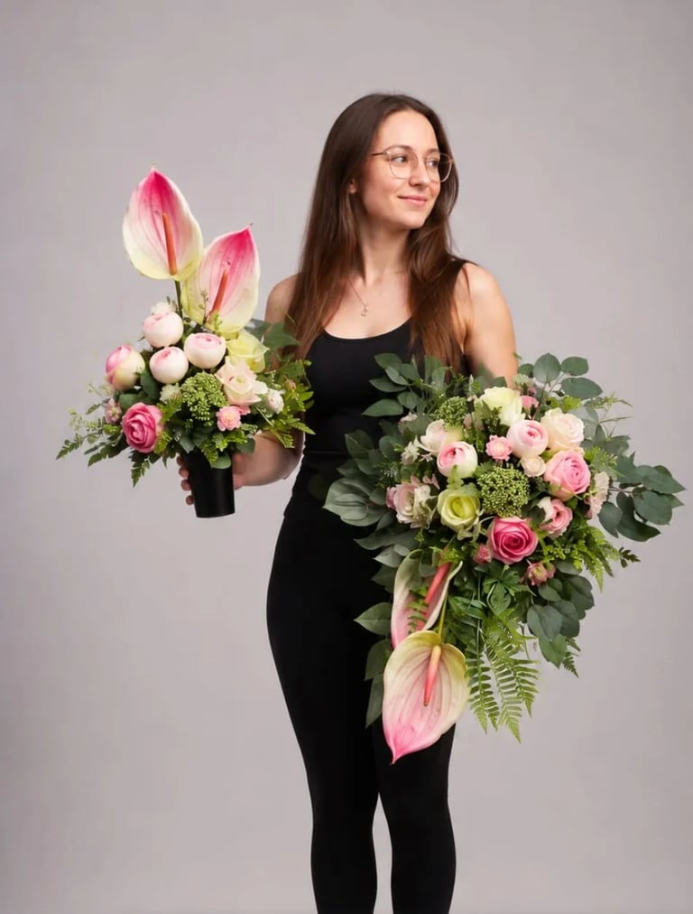 Woman wearing glasses and black dress holding two large floral bouquets with pink flowers and green foliage against a light background