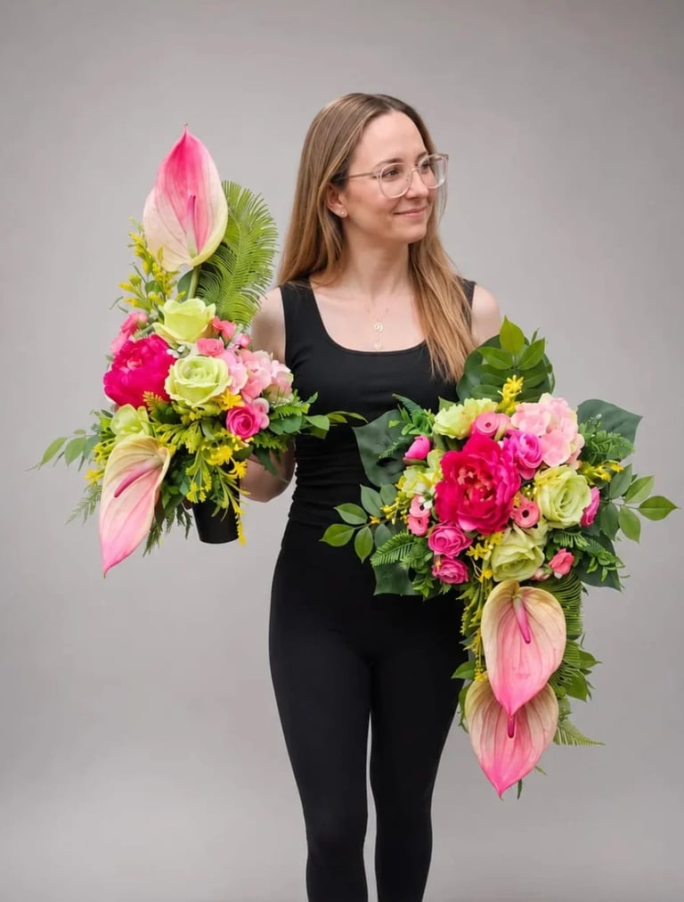 Woman in black top holding two vibrant floral bouquets with pink, magenta, and lime green flowers against a gray background