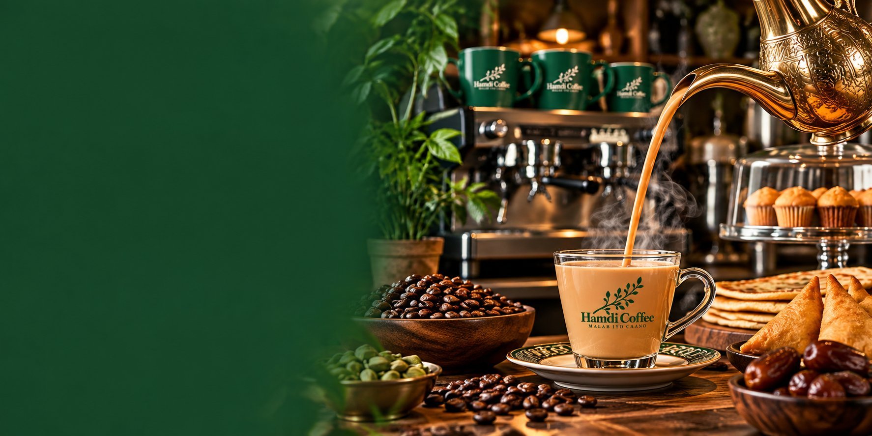 Cup of Hamdi Coffee with branding on a saucer, surrounded by coffee beans with an espresso machine behind