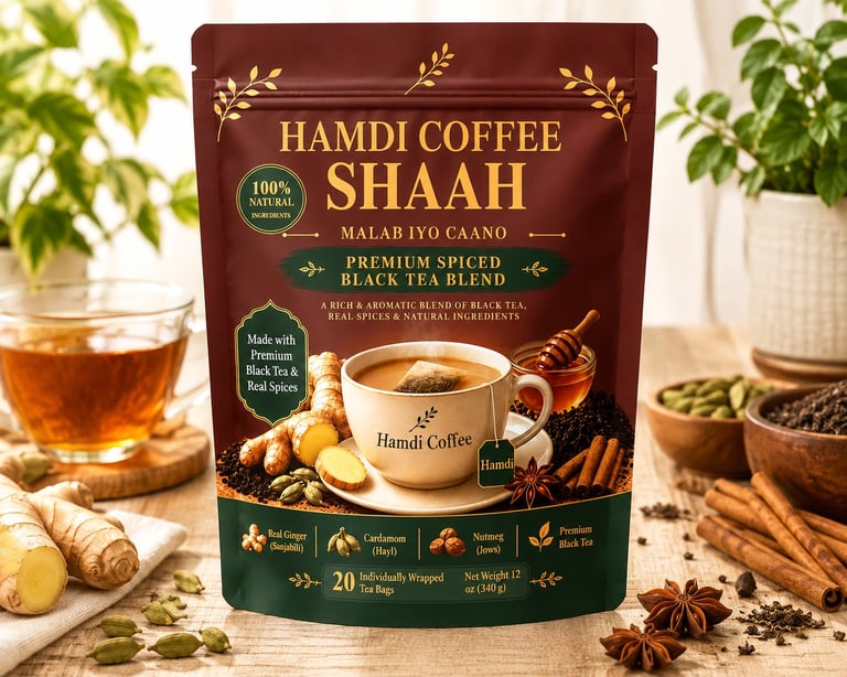 Hamdi Shaah premium spiced black tea blend package on a wooden table with fresh ginger, cardamom, cinnamon and star anise