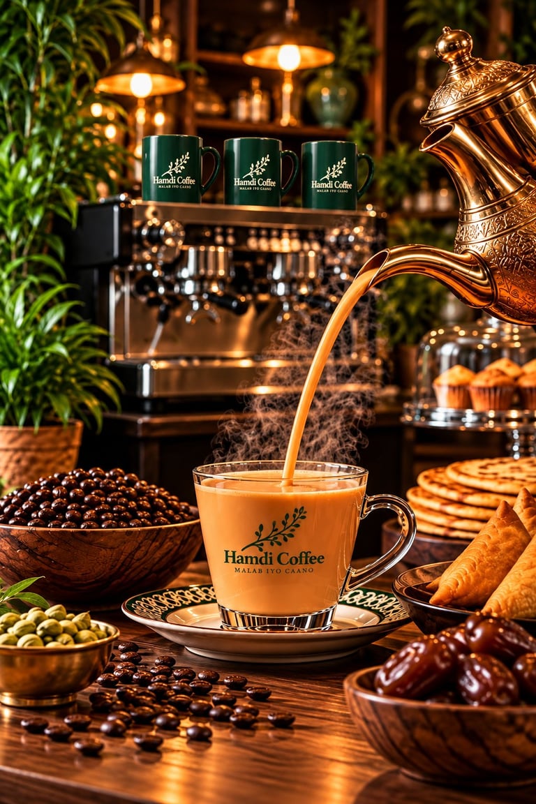 Coffee being poured into a Hamdi Coffee cup from a copper pot in a luxurious cafe setting with pastries and coffee beans