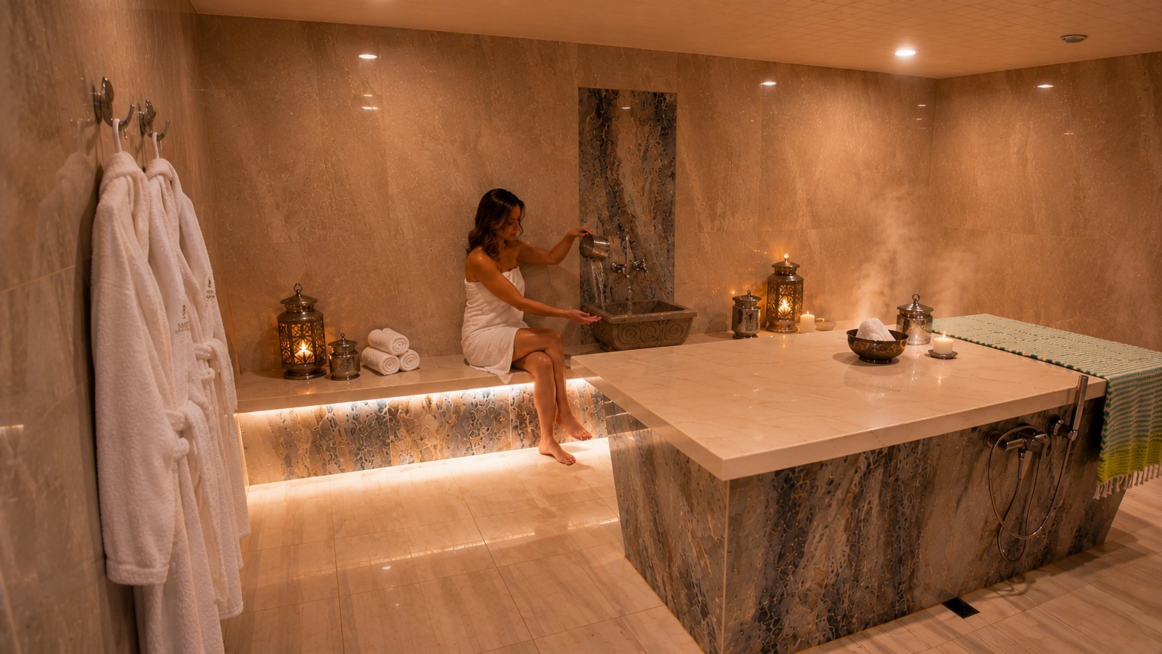 Luxurious spa bathroom with woman in robe, marble bathtub, warm lighting, and ambient candles