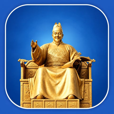 Golden statue of an Asian emperor seated on an ornate throne against a blue background