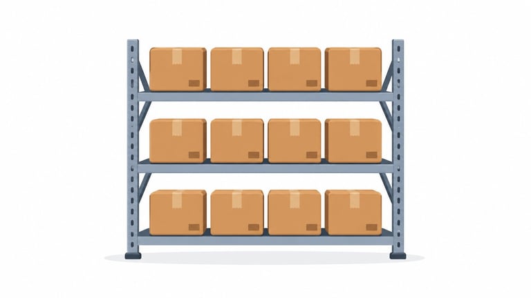 ලොකු ගොඩනැගිල්ලක් ඇතුළේ උස රාක්ක (shelves) පේළි. රාක්ක උඩ කාඩ්බෝඩ් පෙට්ටි ගොඩගහලා තියෙනවා.