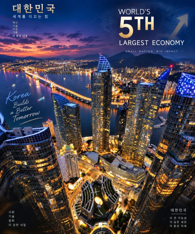 Aerial night view of Seoul skyline with illuminated skyscrapers, river, and bridges. Text reads Worlds 5th Largest Economy and Korea: Build the Tomorrow.