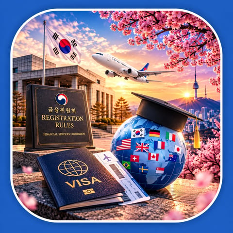 Composite travel and immigration image showing passport, visa registration rules, globe with country flags, airplane, and South Korean cityscape with cherry blossoms