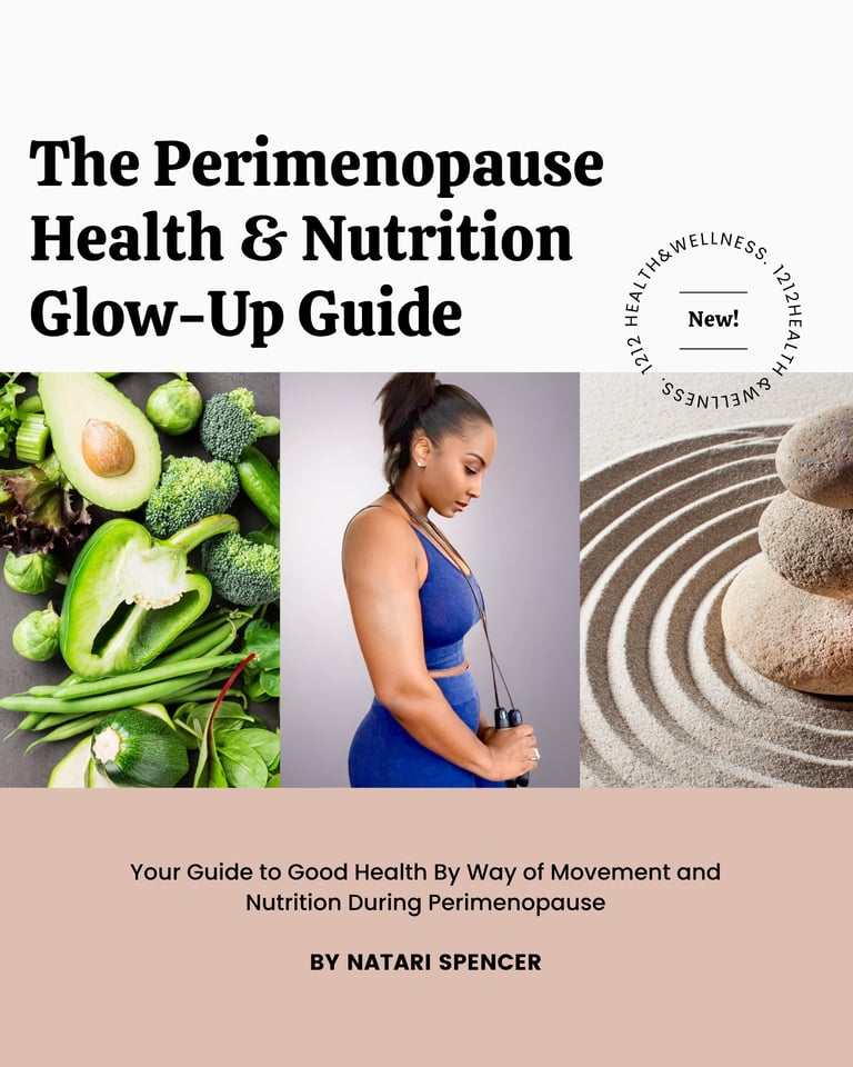 The Perimenopause Health & Nutrition Glow-Up Guide book cover featuring healthy foods, a woman exercising, and wellness imagery by Natari Spencer