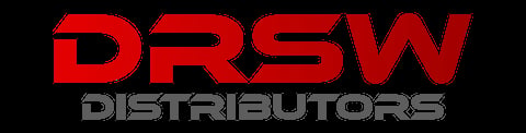 DRSW Distributors company logo with red bold lettering and gray text on black background