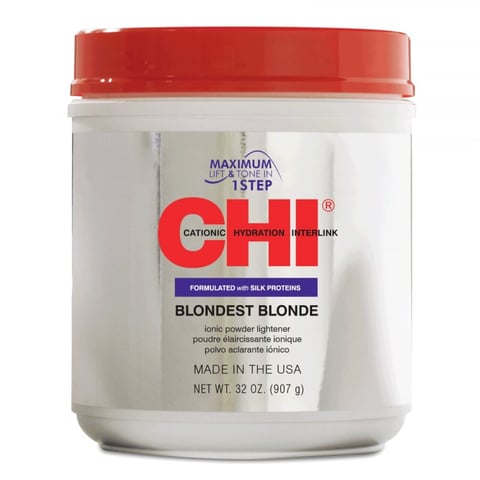 CHI Blondest Blonde ionic powder lightener jar with red lid, 32 oz size, made in USA