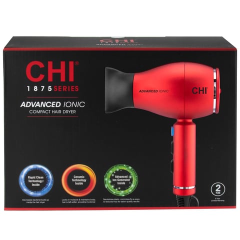 CHI 1875 Series Advanced Ionic compact hair dryer in red packaging with product display